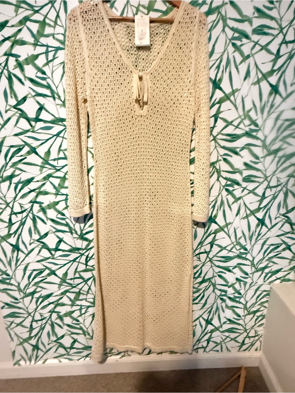 NWT Crochet Maxi Dress with Tie Neck in Beige